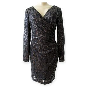 Lauren Ralph Lauren | Sz 8 | Black Sequin Long Sleeve V-Neck Wrap Cocktail Dress